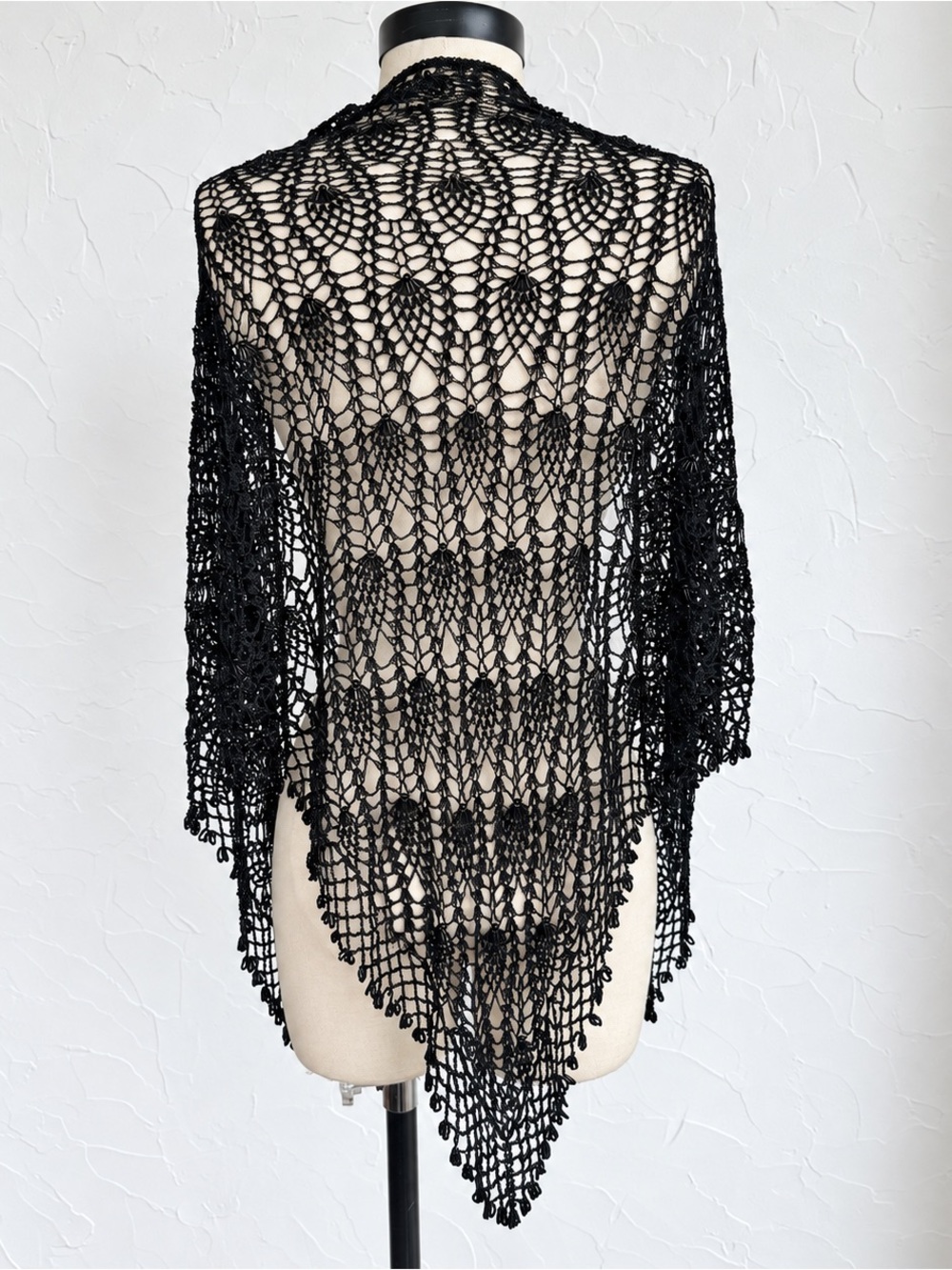 Vintage Cache Black Hand Knit Beaded Crochet Shawl Wrap